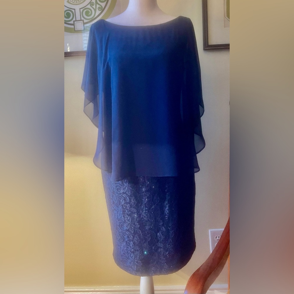 Lacey, Navy Blue, Sleeveless Dress with attached Chiffon Overlay